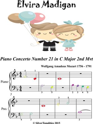 cover image of Elvira Madigan Piano Concerto No 21 2nd Mvt Beginner Piano Sheet Music with Colored Notes